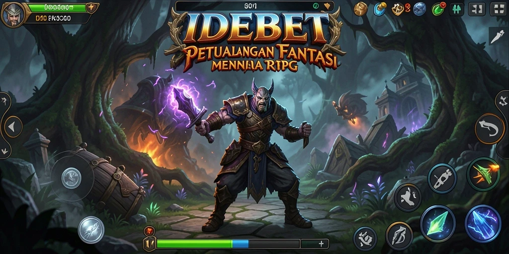 Screenshot gameplay <strong>IDEBET</strong> menunjukkan pertarungan epik dan dunia fantasi yang menakjubkan.