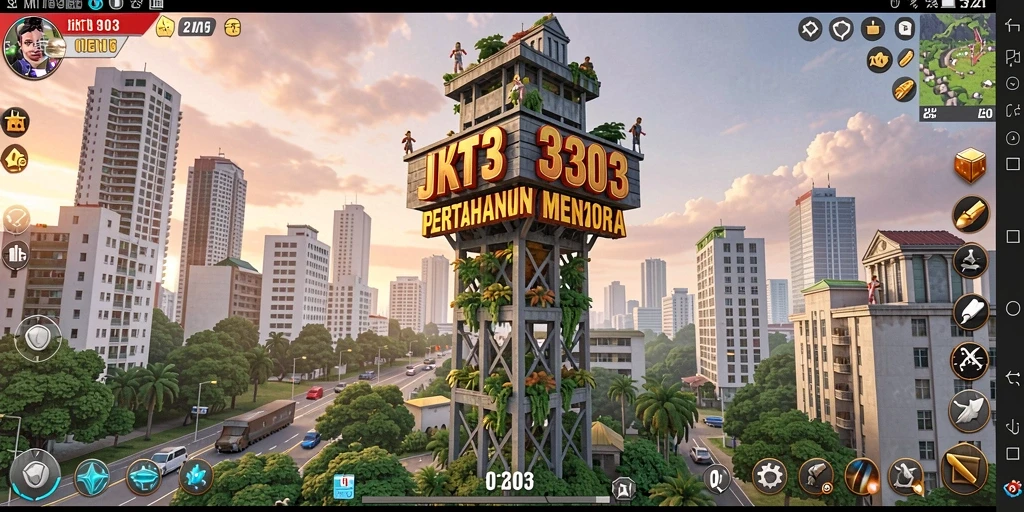Gameplay JKT303 dengan menara pertahanan yang strategis dan menawan.