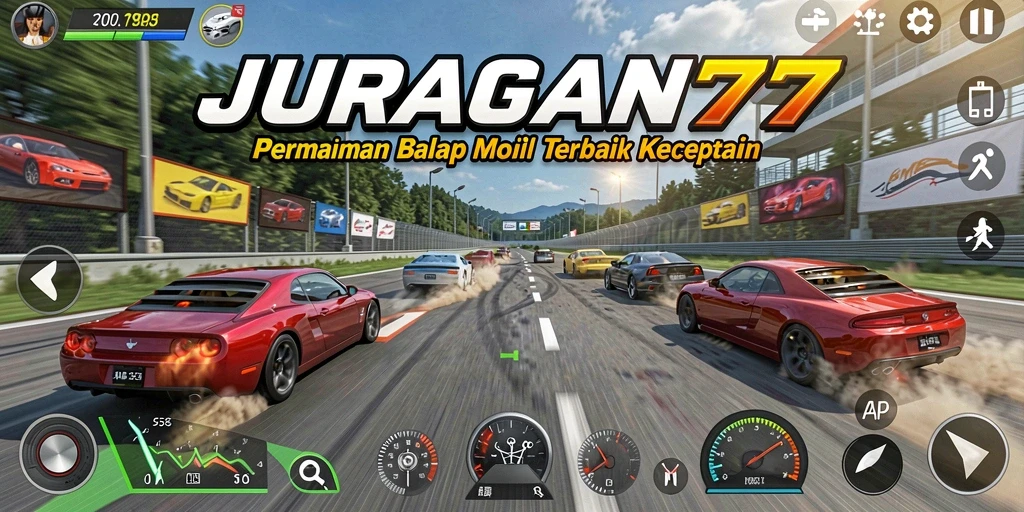 Screenshot utama menampilkan balapan mobil yang seru di JURAGAN77.