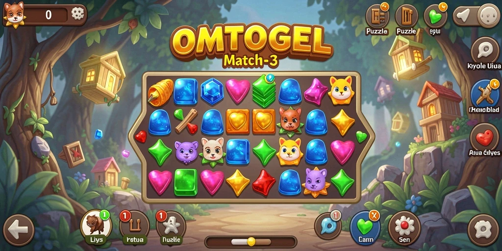 Tampilan seru gameplay OMTOGEL dengan tantangan Match-3.